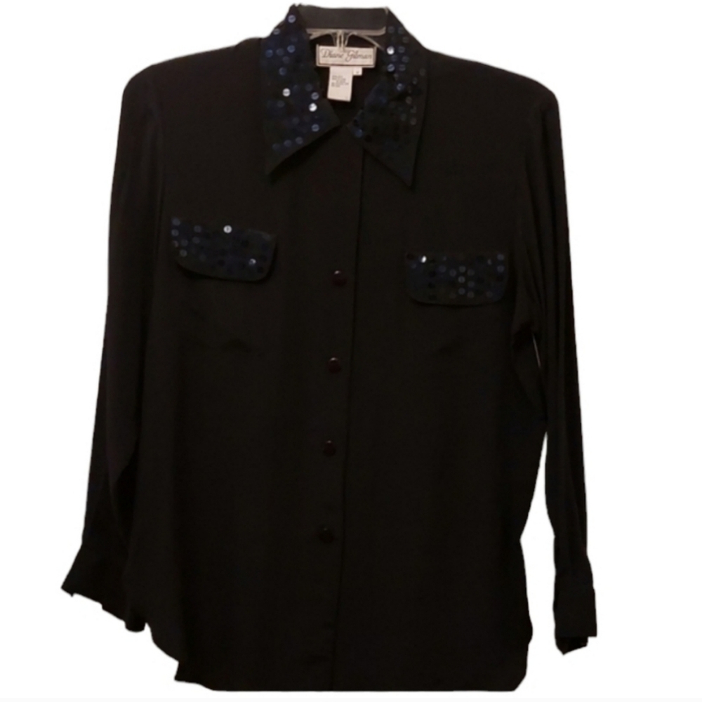 Diane Gilman Silk Long Sleeve Navy Blue Shirt with Sequin Details NWT M